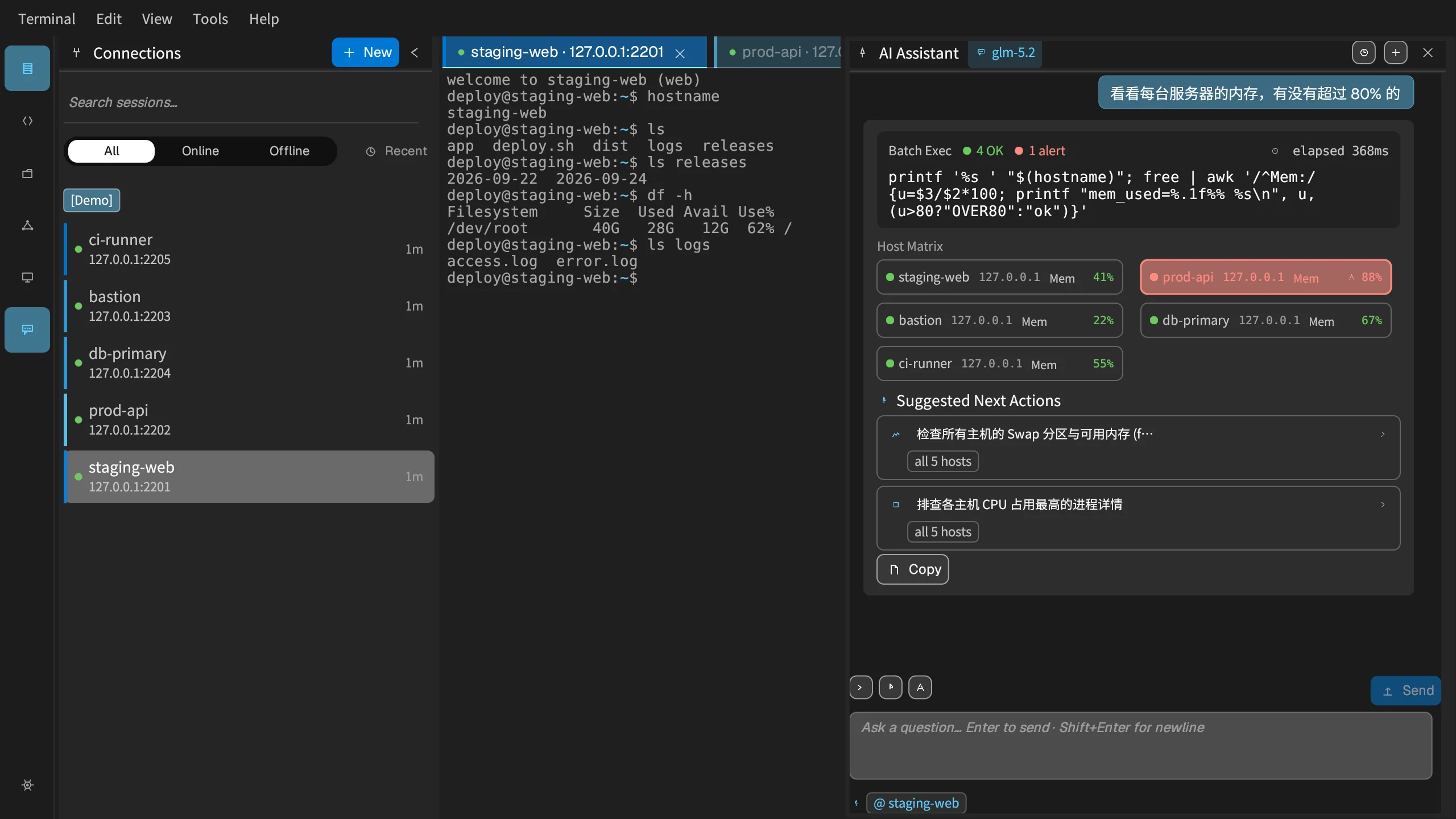 MistTerm desktop app: all 5 demo servers connected in the list on the left, a terminal session on staging-web in the middle, and the AI assistant on the right checking memory on every server and listing the results per server