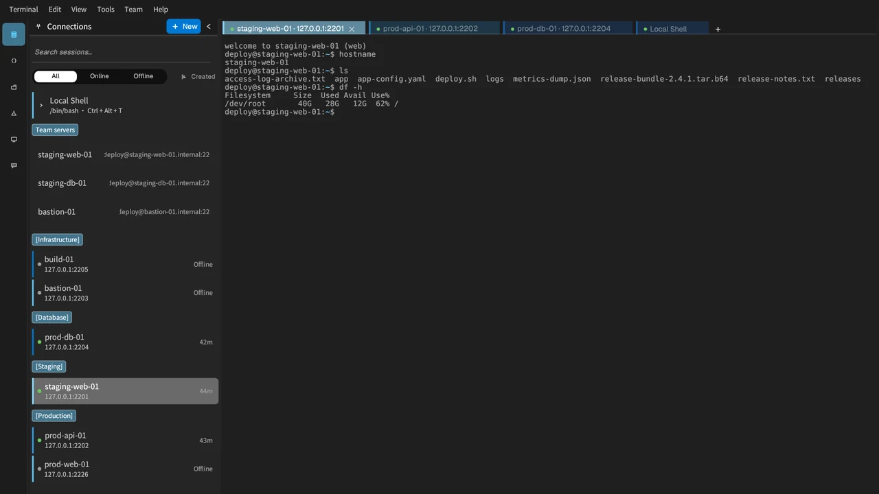 MistTerm desktop app: the Connections list with team servers and demo hosts grouped into Infrastructure, Database, Staging and Production, and four open tabs with a terminal session on staging-web-01