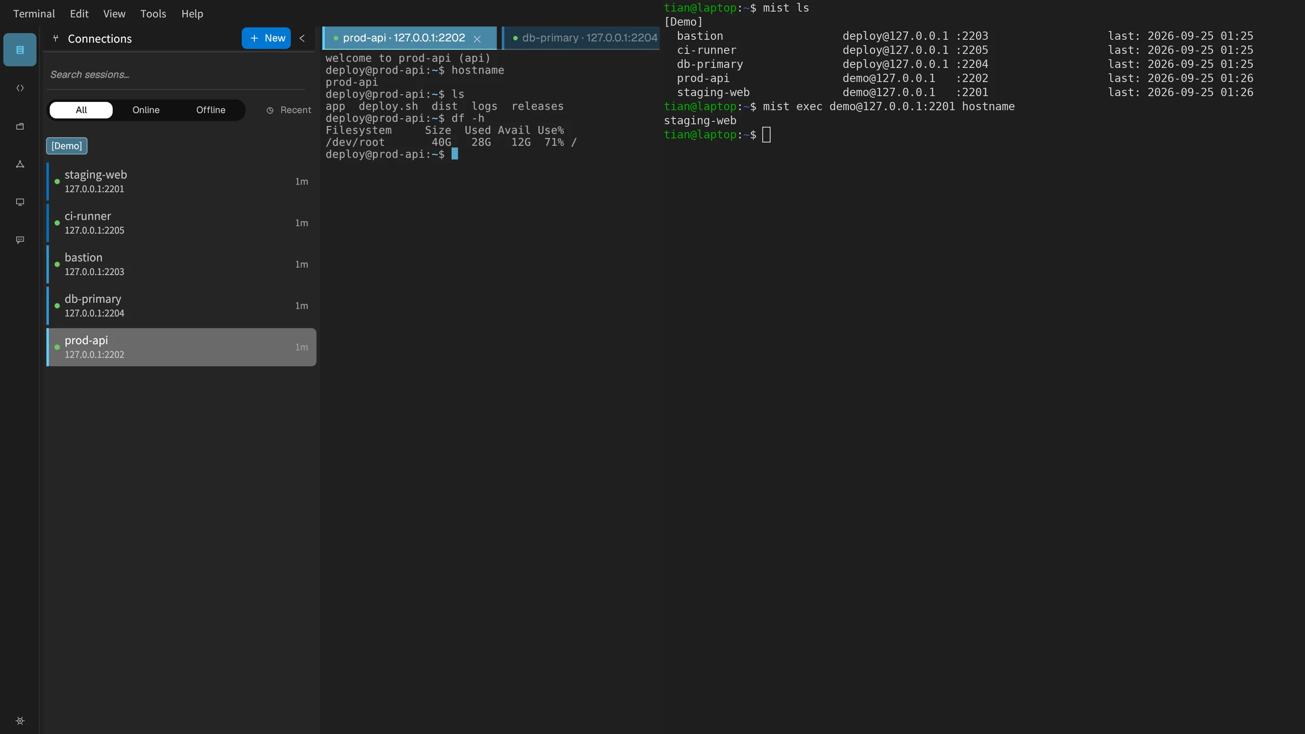 Left: the server list in the MistTerm desktop app. Right: mist ls in a terminal lists the same 5 servers, and mist exec connects to one of them.