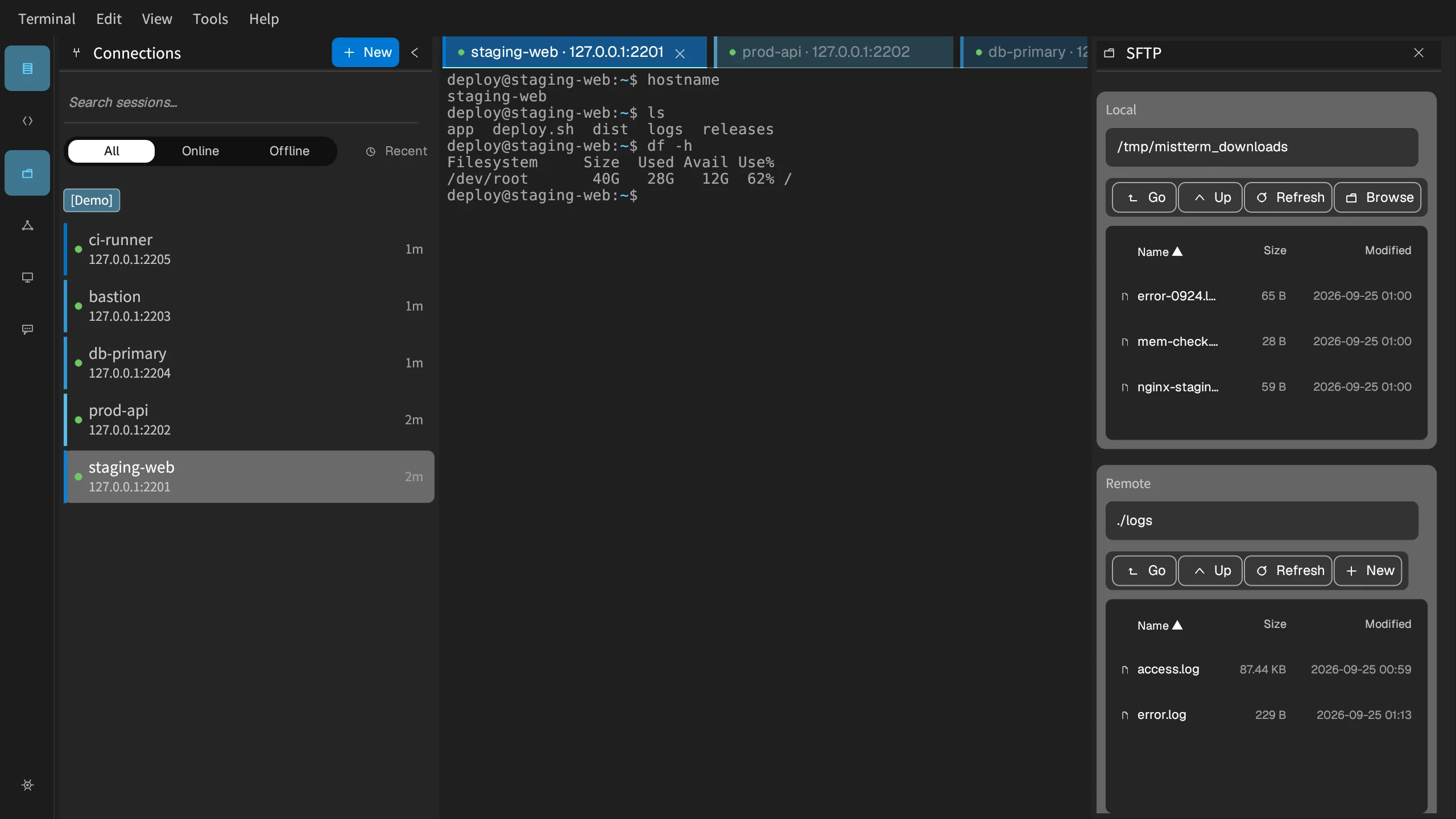 MistTerm's SFTP panel: files on your computer at the top, files in the logs folder on the server staging-web at the bottom