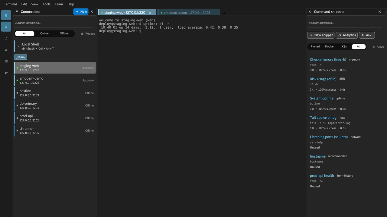 MistTerm saved-commands panel with four commands (memory, disk usage, uptime, listening ports); the two just used show how many times they ran