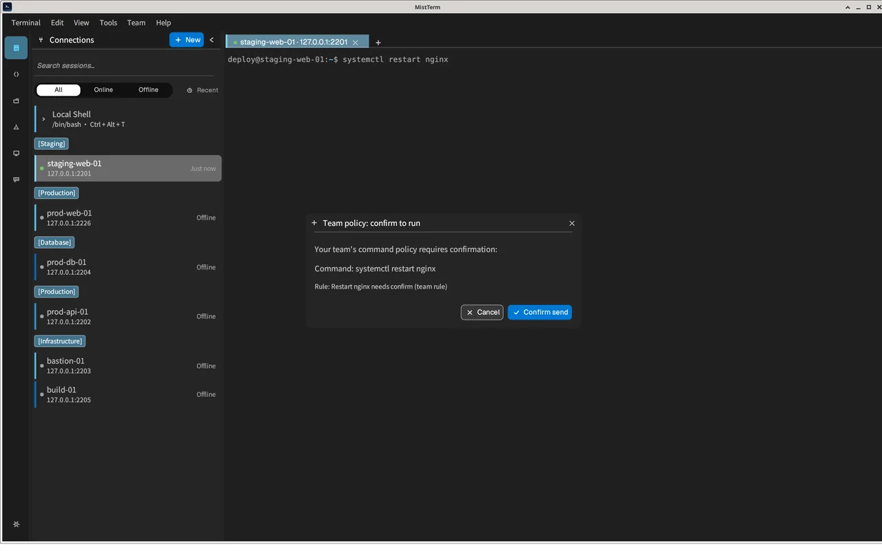 MistTerm: the typed command waits for confirmation