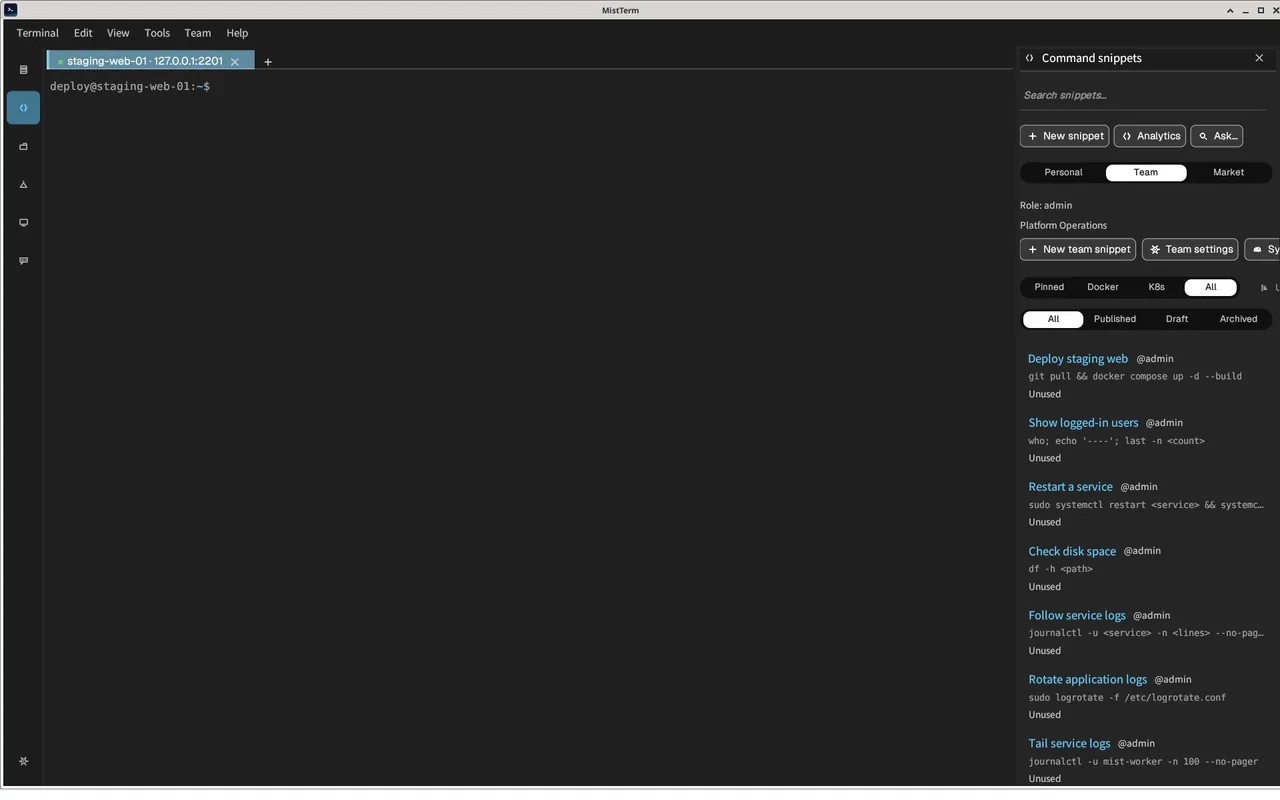 MistTerm: snippets appear under the Team tab