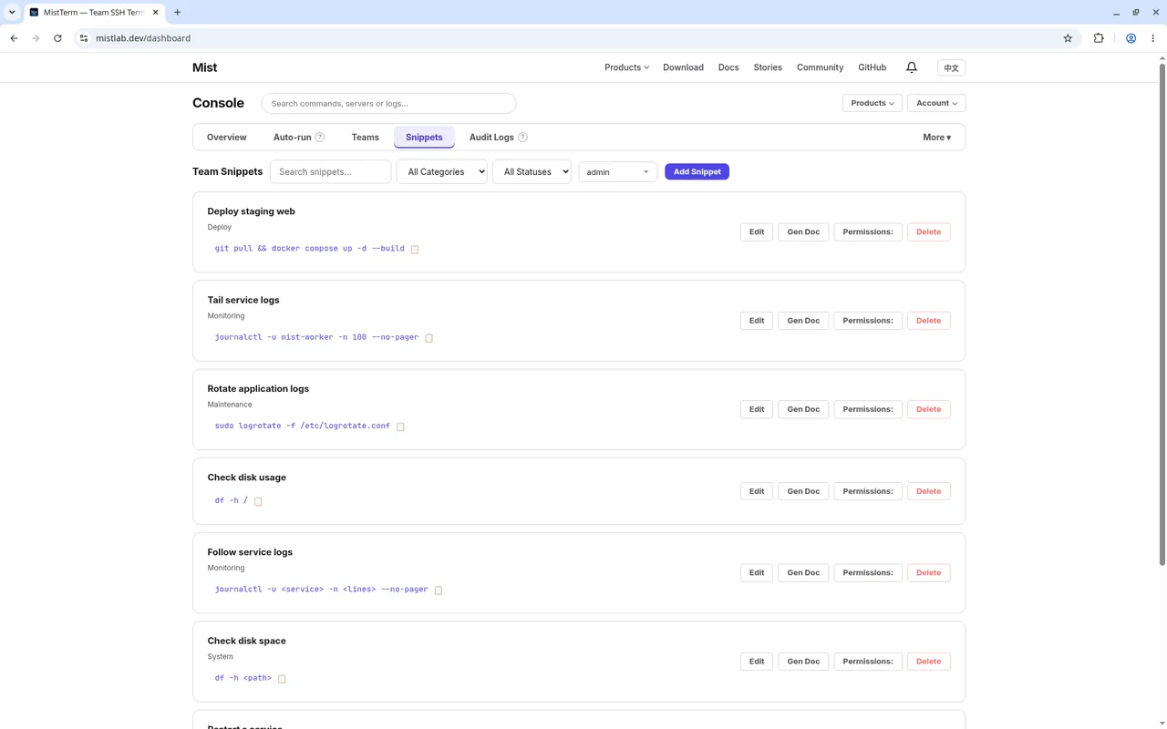 Console: manage team snippets
